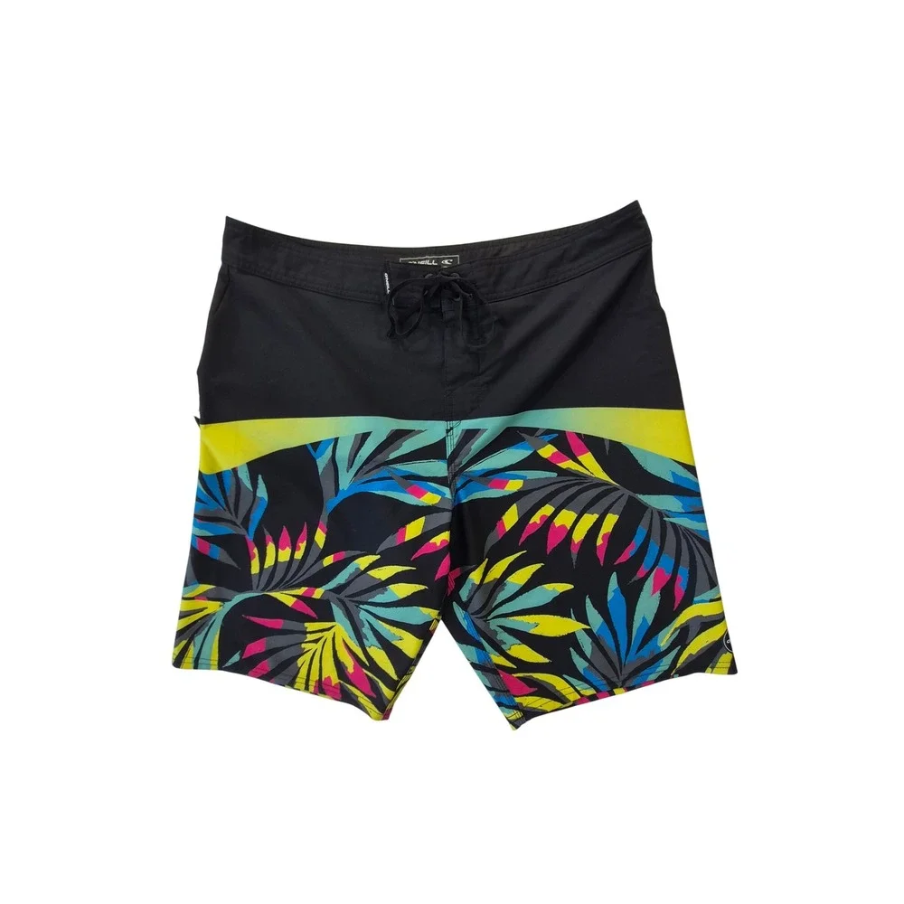 O'Neill Hyperfreak Tropical Palm Board Shorts Black Neon Men's 34
